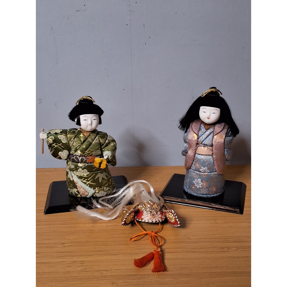 Vintage Japanese Kimekomi Doll Set 2pc Brocade Silk Kimono Samurai Kabuto Helmet
